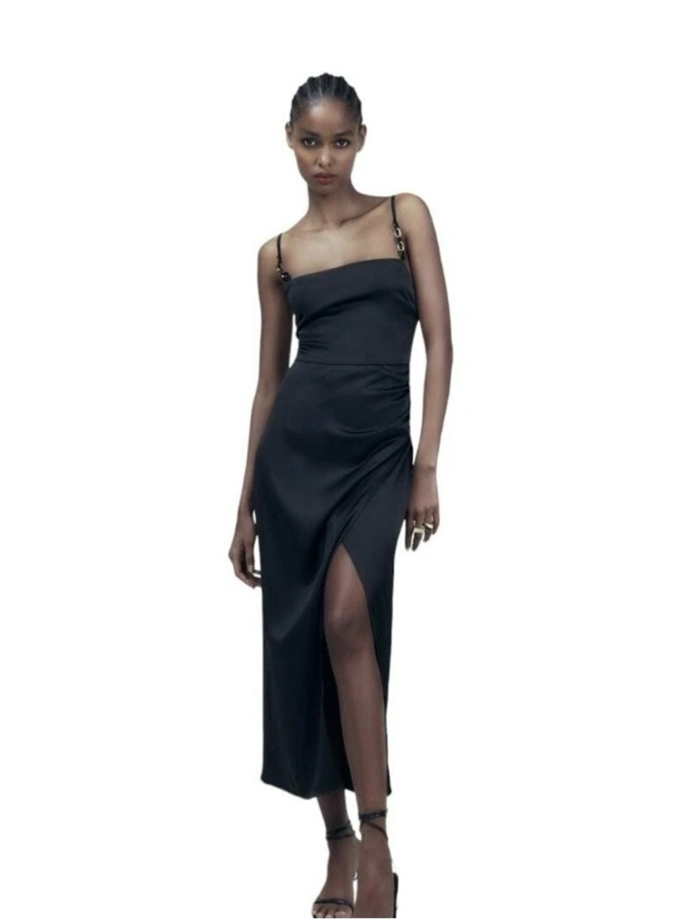 Zara Black Satin Midi Dress With Side Slit